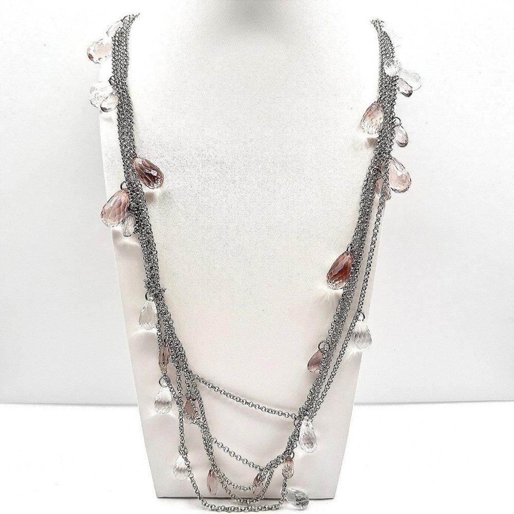 Vintage‎ 90s Ann Taylor Multi Strand Necklace Pink Clear Teardrop Crystal Bead